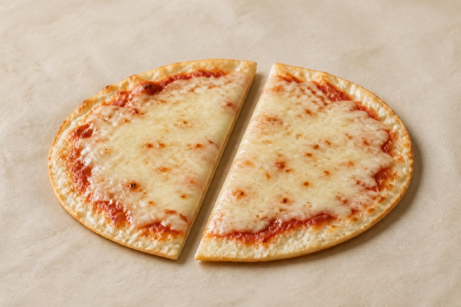Illustration of a plain egg-white personal pizza with tomato sauce and mozzarella, cut into two halves